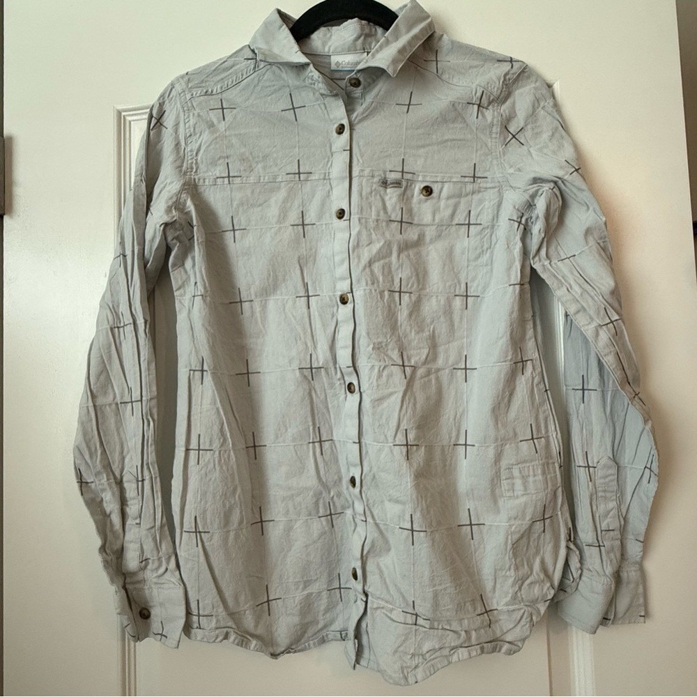 Columbia Womens Light Blue Cross Pattern Button Down Shirt Small XL0936